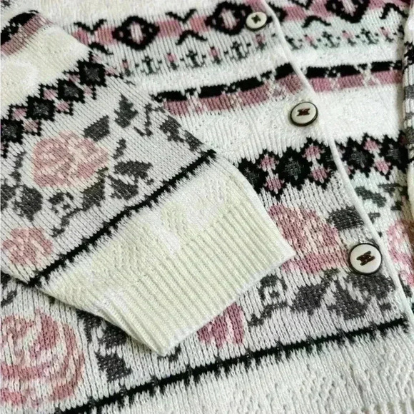 Vintage Grace Grandmacore Fairy Floral Rose Acrylic Feminine Cable Knit Cardigan - Picture 3 of 9